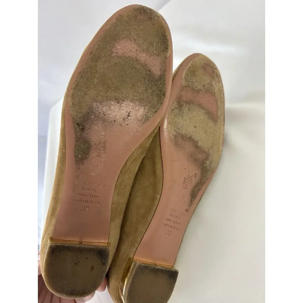 Aquazzura Firenze Dancer Lace Up Ballet Flats Camel Brown Tan Suede 38 7.5